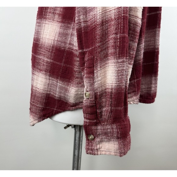 Time and Tru Burgundy & Pink Plaid Flannel Button Up Hoodie Shirt Women's XL - Picture 5 of 10